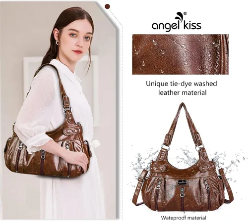 Vista 2 de Angelkiss Monederos grandes y bolsos para mujer, de piel sintética lavada, bolso cruzado de hombro