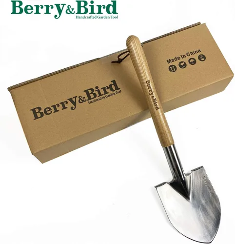 Vista 7 de Berry&Bird Pala de mano corta, paleta de excavación de 19.8 pulgadas para jardinería con mango de madera, pala de punta redonda de acero inoxidable