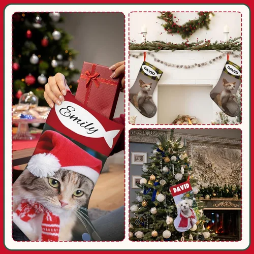 Vista 6 de Medias de Navidad personalizadas de 18 pulgadas, medias personalizadas de Navidad con nombre, imagen personalizada, gato, mascota, adorno