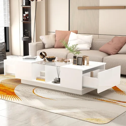 Vista 3 de ECACAD Moderna mesa auxiliar LED con cajones y compartimentos abiertos, mesa central rectangular con parte superior de cristal para sala de estar
