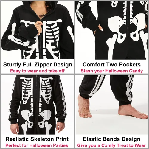 Vista 3 de Disfraz de esqueleto de Halloween para adultos, unisex, pijama de felpa de esqueleto, mameluco acogedor de una pieza, disfraz de cosplay para mujer