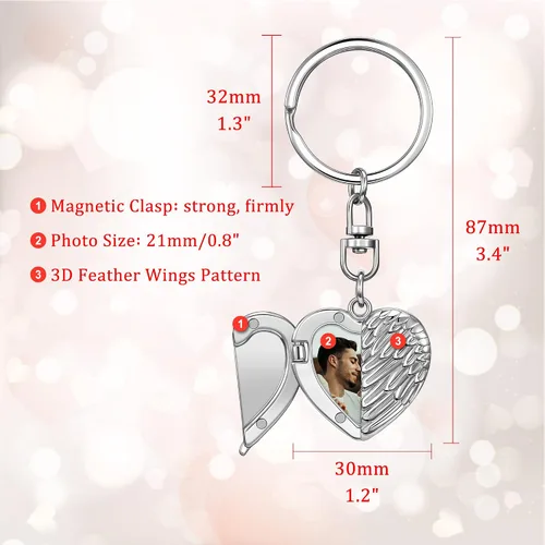 Vista 5 de Jovivi Llavero personalizado con medallón de alas de ángel con foto de corazón para mujer, doble cara, imagen y texto personalizados, accesorios