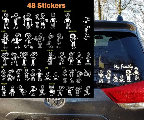 Vista 11 de TOTOMO 13 Pegatinas de Figuras de Palo para Auto de Mi Familia (Estilo #1) con Pegatina de Familia de Mascotas Perro Gato para Ventanas y Parachoques