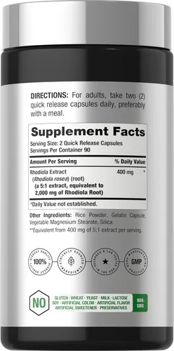 Vista 2 de Horbäach Cápsulas de Rhodiola Rosea 180 unidades Suplemento sin OMG, sin gluten