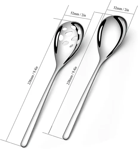 Vista 2 de Juego de 2 cucharas de servir, cucharas sólidas y ranuradas de acero inoxidable de 9.4 pulgadas, utensilios de cocina extra grandes y resistentes