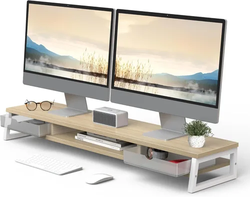 Vista 10 de Fenge Soporte de monitor doble, elevador de monitor con cajón, soporte de monitor de computadora grande de 42.5 pulgadas para 2 monitores, estante