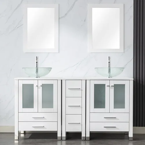 Vista 15 de LUCKWIND 60" Double 24" Bathroom Vanity with Sink Combo, Elegant Series with One 12.6-in Side Cabinet, Painted Frame, Including Tempered Glass Round
