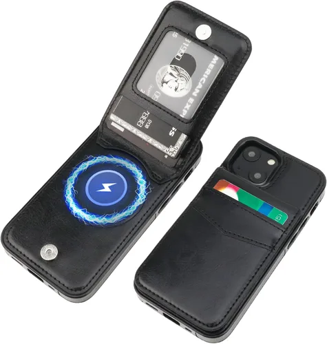 Vista 17 de KIHUWEY Funda compatible con iPhone 13 Mini con soporte para tarjeta de crédito, cierre magnético de cuero de alta calidad, resistente funda Negro