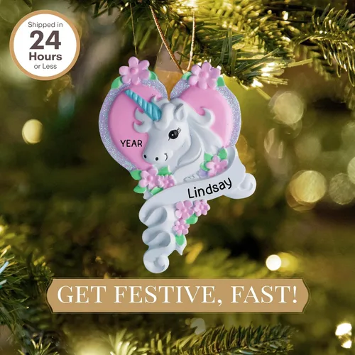 Vista 2 de Adorno de unicornio personalizado 2025 Personalización gratuita las 24 horas Adornos de Navidad de animales de fantasía grabados con láser