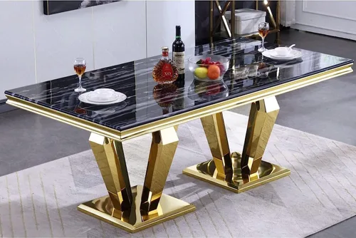 Vista 3 de ACEDÉCOR Juego de 4 mesas de comedor, mesa rectangular con parte superior textil, base geométrica de metal y 4 sillas de comedor de piel sintética