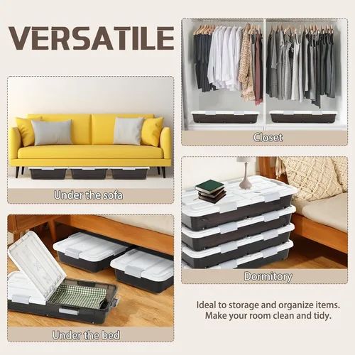 Vista 4 de Beeveer Contenedor de plástico para guardar debajo de la cama, 4 unidades, con tapa de doble apertura, asa de rueda, transparente, de gran Marrón