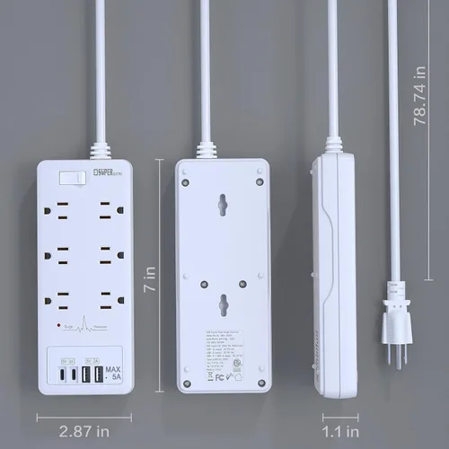 Vista 5 de Regleta protectora de sobretensiones, cable de extensión con 6 salidas (1875 W/15 A) y 2 puertos USB A+2USB C, certificación ETL, montaje en pared