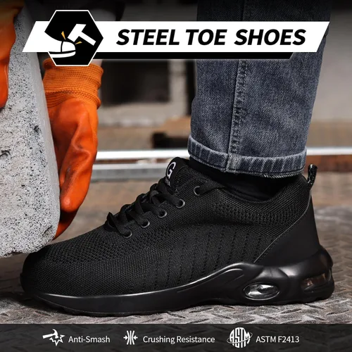 Vista 2 de GLANOUDUN Zapatos de punta de acero para hombre, zapatos de trabajo negros, zapatos de seguridad ligeros para hombres, zapatos de seguridad