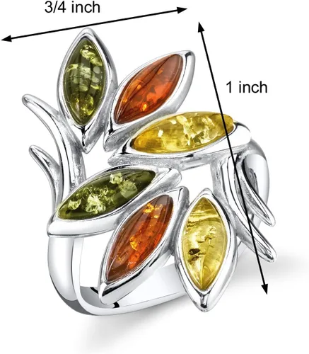 Vista 5 de PEORA Anillo de rama de hoja de ámbar báltico multicolor genuino para mujer, plata de ley 925, coñac rico, verde oliva, amarillo miel, talla 5