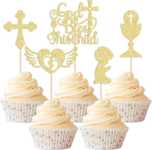 Vista 11 de Gyufise Decoración para pastel de primera comunión para bautismo cristiano, decoración religiosa de Dios bendiga Baby Shower para niños, decoración