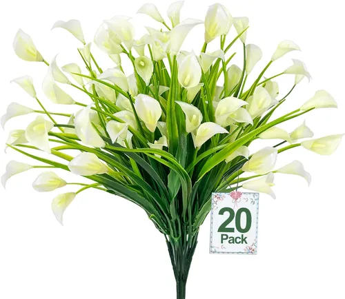 Vista 14 de TURNMEON 12 paquetes de flores artificiales de lirio de cala (240 cabezas), plantas falsas para exteriores, plantas falsas resistentes a los rayos