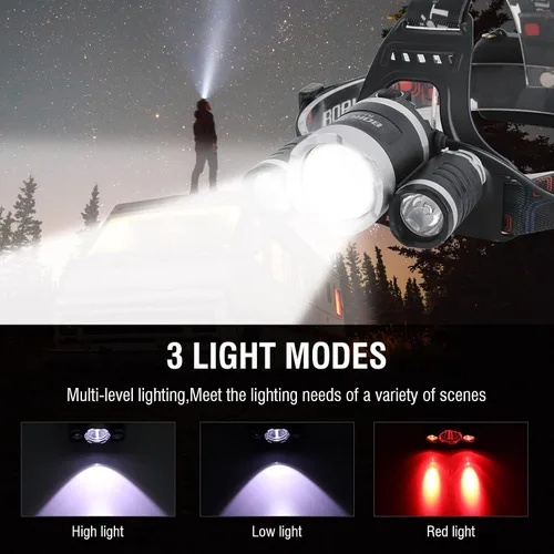 Vista 3 de BORUIT Linterna frontal recargable LED RJ-3000, 3 modos de linternas frontales LED blancas y rojas para caza, linterna táctica súper brillante