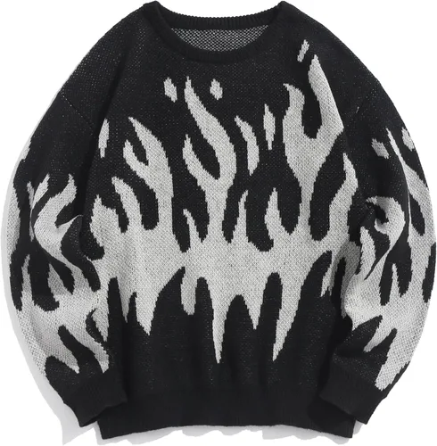 Vista 116 de ZAFUL Y2K - Suéter casual con estampado de llama estética para hombre, suéter de punto holgado, manga larga, cuello redondo