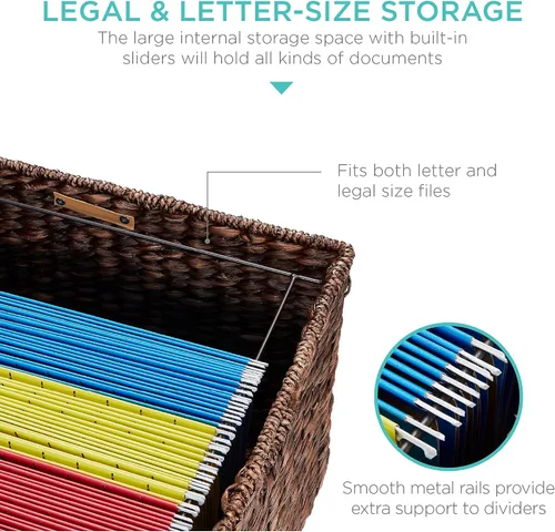 Vista 2 de Best Choice Products Archivador Rodante de Jacinto de Agua Tejido a Mano, Organizador de Archivos Móvil para Carpetas Colgantes con Tapa y Ruedas