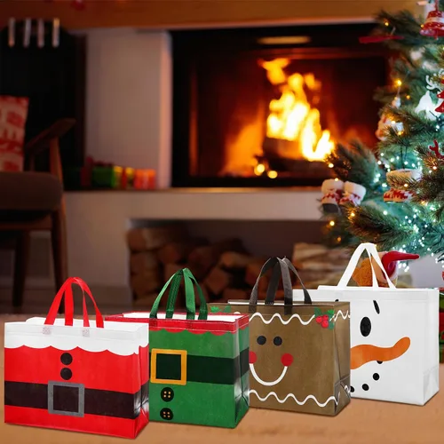 Vista 6 de Hosuly 16 piezas 17" Bolsas de regalo grandes de Navidad con asas Bolsas de compras reutilizables Bolsa de compras no tejida reutilizable