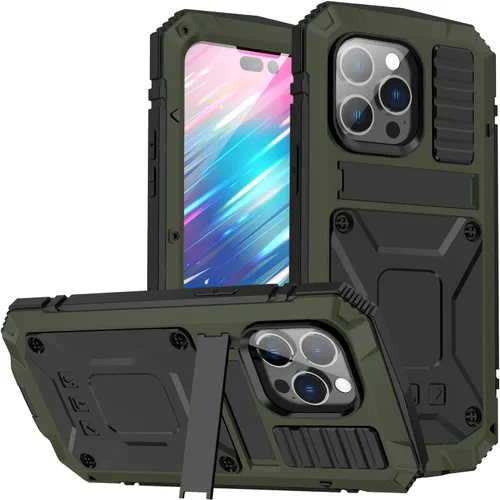 Vista 10 de Funda de metal para iPhone 14 Plus 5G con protector de pantalla y función atril, funda para cámara, resistente armadura militar duradera, cuerpo