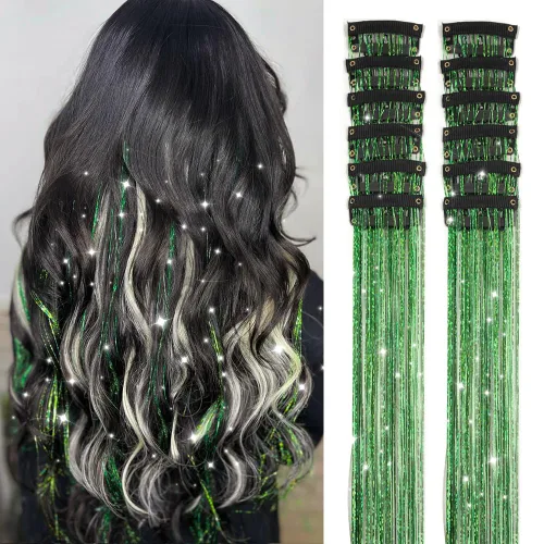 Vista 10 de Ubeleco Kit de oropel para cabello negro de 12 piezas, accesorios de cabello con clip de 52 cm, kit de oropel de pelo de hada para Navidad y Año