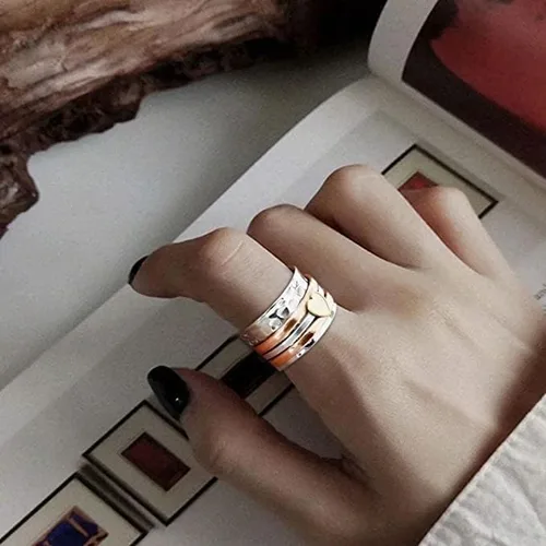 Vista 5 de Anillo de compromiso vintage de girasol para mujer, grabado en dos tonos, acero inoxidable, anillo de boda para ella