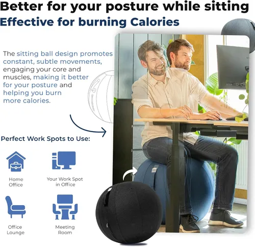 Vista 5 de Backerz Balance Ball Chair for Office & Home - Ergonomic Exercise Ball for Posture & Back Pain Relief, Yoga Ball Chair - Sitting Ball with Washable