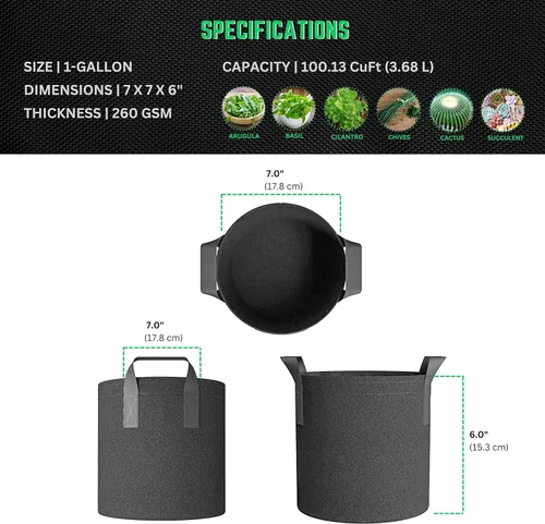 Vista 4 de 247Garden Paquete de 5 Macetas/Bolsas de Cultivo de Tela de Aireación de 1 Galón para Plantas con Asas (260 GSM, Negro, 6H x 7D)