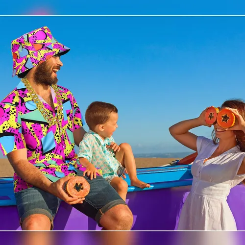 Vista 7 de Janmercy Juego de 5 piezas de disfraz hawaiano de los años 80 y 90 para hombre, camisa neón de los años 90, camisas de playa, trajes para verano