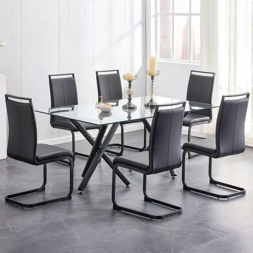 Vista 25 de Juego de mesa de comedor de cristal para 6, 71 pulgadas juego de mesa de comedor moderno para 6 7 Piece Dining Table Set, 6 White Dining Chairs