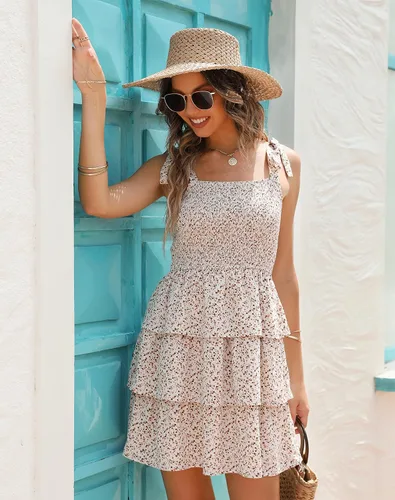 Vista 7 de Ellakoko Vestido de verano casual tipo babydoll para mujer, lindo vestido floral con lazo en el hombro escalonado con lunares suizos fruncidos
