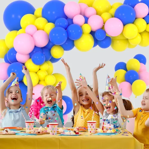 Vista 6 de Kit de arco de guirnalda de globos azules y amarillos – 122 globos azul real, rosa, globos azules y amarillos, guirnalda de globos para cumpleaños