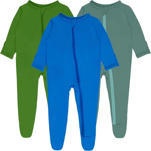Vista 15 de Pijamas de bebé para niño con pies y puños, hechos de rayón de bambú, con cierre de dos vías y manga larga Celadon-aqua Green-pail Lila