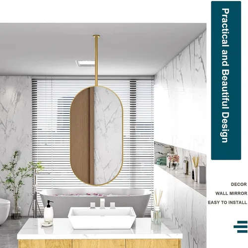 Vista 6 de Espejos de baño para tocador, espejo dorado montado en el techo con marco de metal y barra para colgar en el techo, espejo de pared decorativo