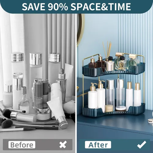 Vista 6 de Organizador de esquina para encimera de baño, estante de baño, organizador de maquillaje para tocador, bandeja de perfume para almacenamiento en Azul