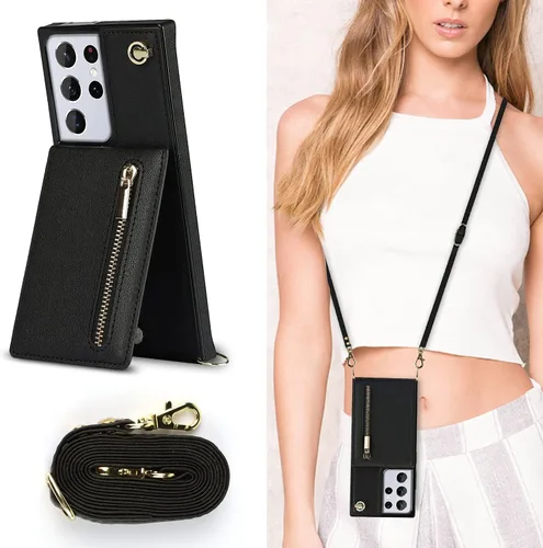 Vista 6 de Funda compatible con Samsung Galaxy S21 FE de 6.4 pulgadas, bolso de bolsillo, correa de hombro, elegante funda protectora para Galaxy S21 FE