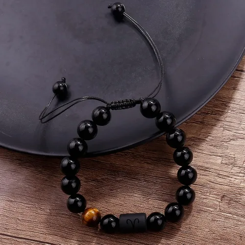 Vista 7 de SUMMER LOVE Father's Day Gifts Zodiac Bracelet for Men Women 10mm Natural Black Onyx Stone Star Sign Constellation Beaded Protection Bracelet