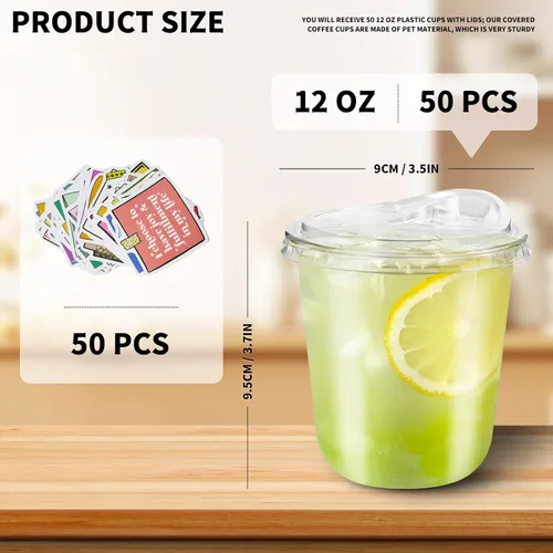 Vista 2 de 50 juegos de vasos de plástico transparente con tapas para sorber sin pajilla, vasos desechables de fondo redondo de 12 onzas para café helado