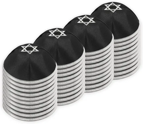 Vista 6 de Ateret Judaica Kippah-Yarmulke - Gorro de satén para hombres y niños, paquete de 40 unidades, tamaño 7.5in con estrella de David, sombrero de Yamaka