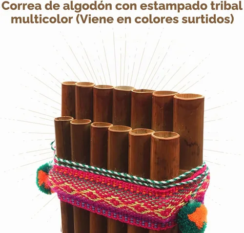 Vista 4 de Tubo de flauta de madera de bambú natural con estampado tribal multicolor correa de algodón tejida – Regalos de viento de madera hecho a mano