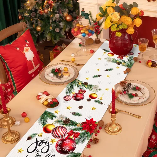 Vista 4 de Camino de mesa navideño de 72 x 13 pulgadas, diseño de adorno rojo con flor de pascua, ramas de pino y patrón de copo de nieve para cocina, mesa
