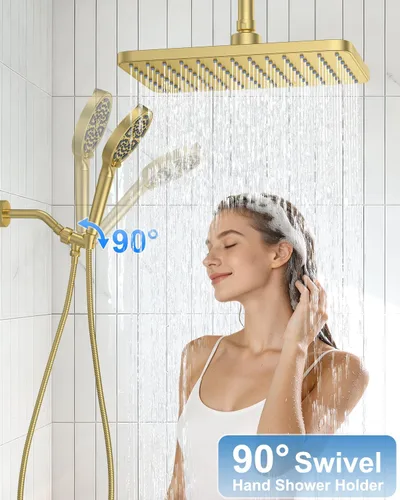 Vista 3 de 11" Brushed Gold Rainfall Shower System – Complete Spa Faucet Set with Filtered Handheld Sprayer & Mixer Valve – Modern High Pressure Bathroom