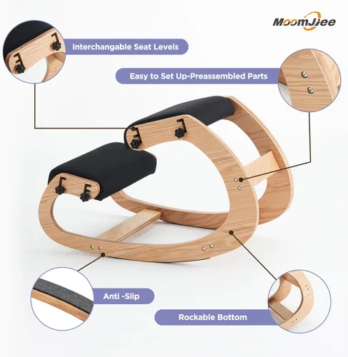 Vista 5 de Silla ergonómica, mecedora ajustable para oficina en casa, silla de oficina de madera para aliviar el dolor de espalda, color negro