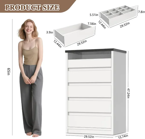 Vista 2 de Jocoevol Cómoda de 5 cajones para dormitorio con luz LED, cómoda moderna con asas ocultas, armario alto de madera para sala de estar, entrada