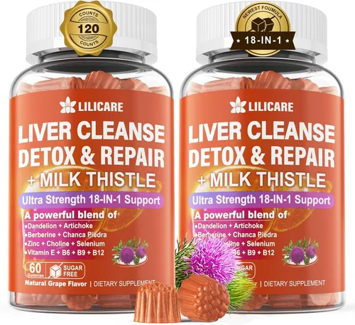 Vista 2 de LILICARE Paquete: Gomitas de desintoxicación y reparación de hígado 18 en 1 con cardo mariano e inositol Gummies Ideal 40:1 Ratio Myo & D-Chiro