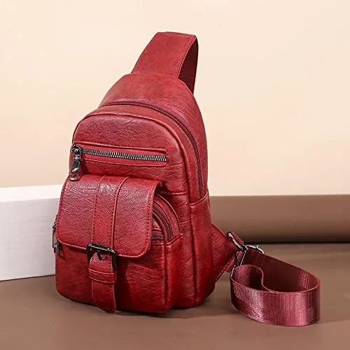 Vista 4 de Bolso cruzado pequeño, riñonera para mujeres y hombres, bolso bandolera de cuero para regalos, Estilo4-Rojo, S