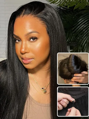 Vista 3 de Nadula Bye Bye Knots Yaki - Peluca de cabello humano lacio sin pegamento con cordón elástico precortado, nudos invisibles de 7 x 5 pulgadas, encaje