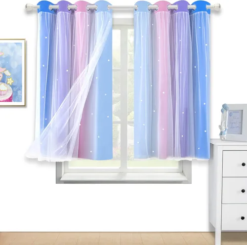 Vista 25 de Cortinas de rayas de estrellas para dormitorio de niñas, cortinas huecas para ventana, cortinas de ventana con ojales, cortinas coloridas degradadas