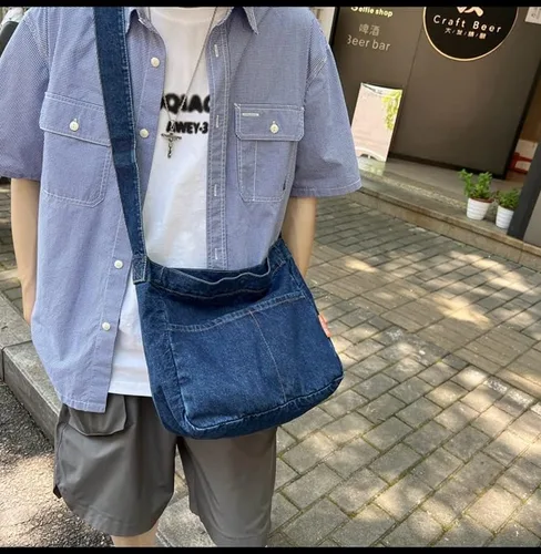 Vista 4 de Bolso cruzado de mezclilla unisex estilo bohemio retro bolso de mensajero bolso de viaje bolso grande bolso holgado Azul Marino talla única Retro